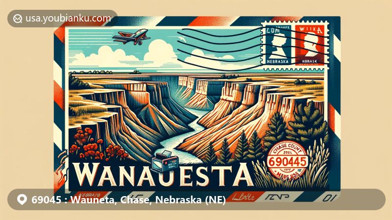 Innovative illustration of Wauneta, Nebraska in Chase County (ZIP code 69045), melding postal motifs with local landmarks like Little Grand Canyon. Features a vintage postcard design with the Nebraska outline, Chase County highlighted, and postal elements like the state flag stamp and '69045' ZIP code.