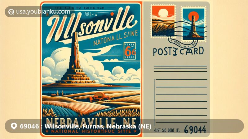 Modern illustration of Wilsonville, Nebraska, showcasing postal theme with ZIP code 69046, featuring Chimney Rock National Historic Site and Nebraska state shape.