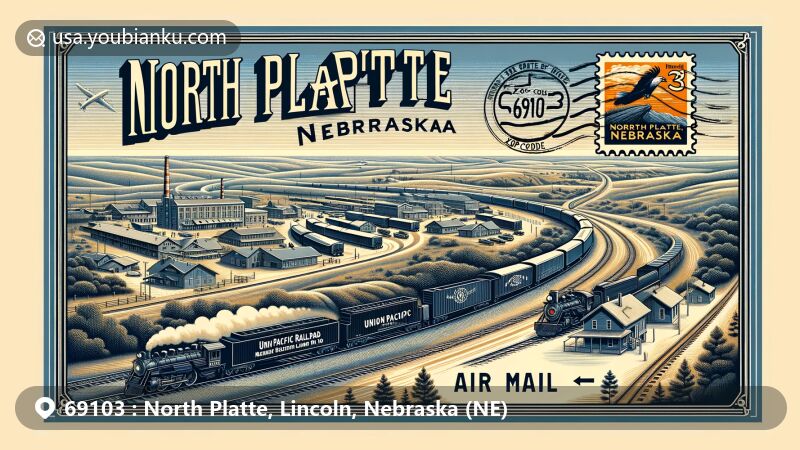 Modern illustration of North Platte area in Lincoln County, Nebraska, showcasing rich railroad history and connection to iconic Lincoln Highway with focal point on Union Pacific Railroad Bailey Yard, world's largest railroad classification yard, featuring dynamic array of trains highlighting its vital role in US transportation network. Tribute to cultural heritage of North Platte with inclusion of Buffalo Bill Cody's home and ranch at Buffalo Bill Ranch State Historical Park seamlessly integrated with panoramic view of Lincoln Highway. Envelope design incorporates postal elements such as vintage stamp with Nebraska flag, postmark with date and ZIP code 69103, and decorative elements like Nebraska state outline. Engaging art style perfect for web feature display.
