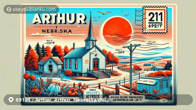 Modern illustration of Arthur, Nebraska, showcasing extreme climate variations with temperatures ranging from 113°F to -35°F, featuring the world's smallest courthouse and creative postal elements.