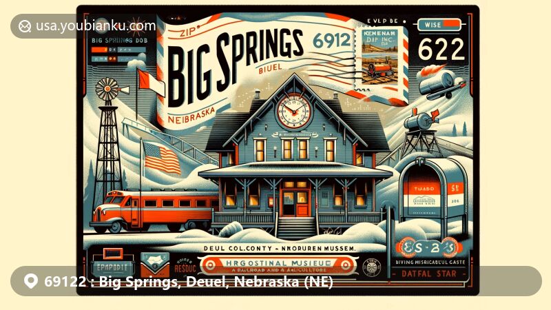 Modern illustration of zipcode 69122 in Big Springs, Deuel County, Nebraska, featuring vintage airmail envelope with Big Springs Depot Museum, Nebraska's climate, state flag, and classic American mailbox.