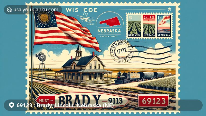 Modern illustration of Brady, Lincoln County, Nebraska, highlighting the Old Depot Vineyard and Winery as a local landmark, incorporating Nebraska state flag and Lincoln County outline. Features postal elements like vintage airmail envelope, stamps with state flag, and postmark with ZIP code 69123.