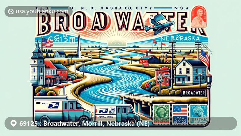 Modern illustration of Broadwater, Nebraska, showcasing postal theme with ZIP code 69125, highlighting landscape in Morrill County and referencing region's history through symbolic monuments. Features U.S. Highway 26, vintage air mail elements, and local landmarks.