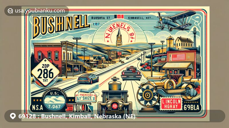 Modern illustration of Bushnell, Kimball County, Nebraska, showcasing postal theme with ZIP code 69128, celebrating town's founding in 1867 along the Lincoln Highway, honoring Cornelius S. Bushnell, featuring annual Bushnell Day festivities and Nebraska state symbols.