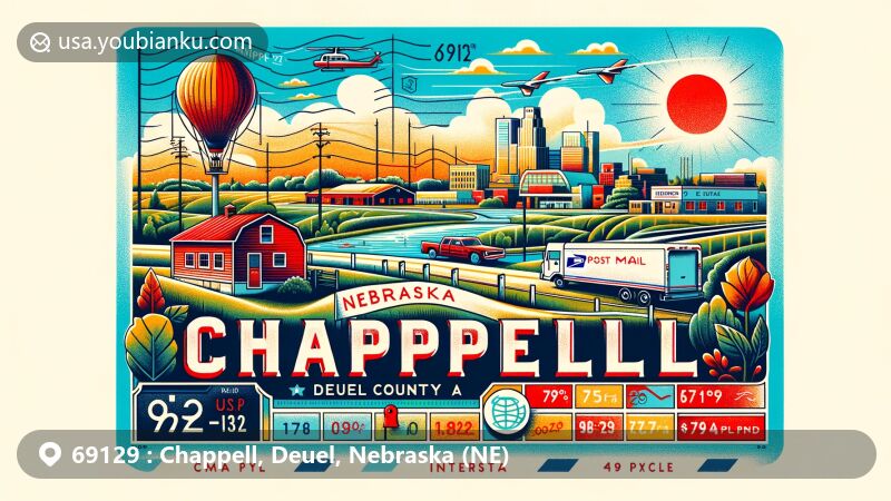 Modern illustration of Chappell, Deuel County, Nebraska, showcasing postal theme with ZIP code 69129, featuring landscape elements, major highways, and postal symbols.
