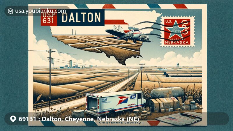 Modern illustration of Dalton, Cheyenne County, Nebraska, featuring postal theme with ZIP code 69131, showcasing vintage air mail envelope and Nebraska state flag postage stamp, highlighting the local landscape with flat plains, agriculture, and clear sky, merging seamlessly with Cheyenne County's map in the background.