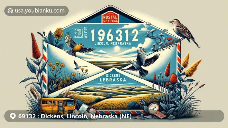 Modern illustration of Dickens, Nebraska, showcasing postal theme with ZIP code 69132.