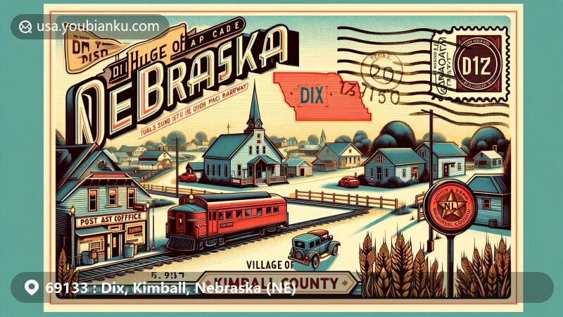 Modern illustration of Dix, Kimball County, Nebraska, with a postcard theme highlighting small-town charm and historic train roots, featuring Great Plains backdrop and landmarks like the post office and Dix Bible Church.
