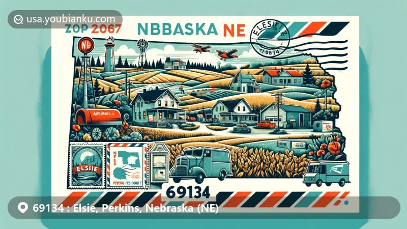 Modern illustration of Elsie, Perkins County, Nebraska, representing ZIP code 69134, featuring rural and agricultural aspects, vintage postcard elements, and a close-knit community setup.