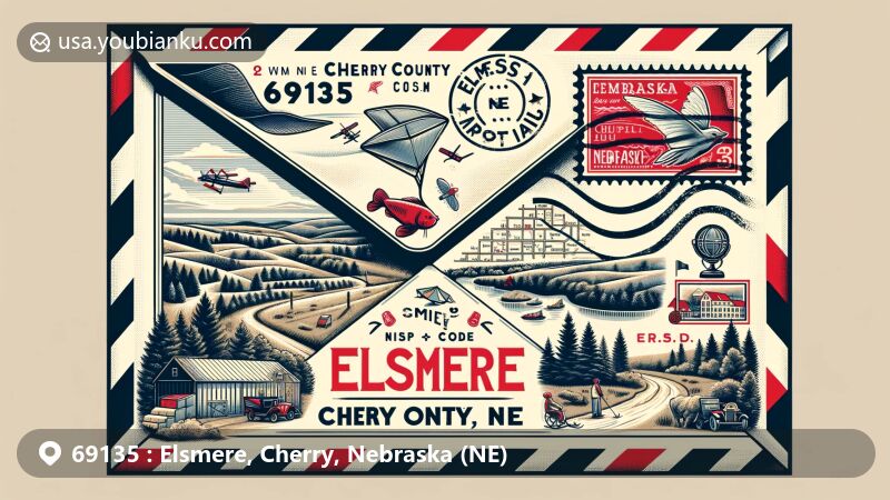 Modern illustration of Elsmere, Cherry County, Nebraska, inspired by vintage airmail envelope concept, showcasing rural charm and local symbols like hiking trails and community celebrations.