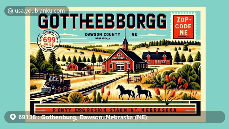 Modern illustration of Gothenburg, Dawson County, Nebraska, showcasing Pony Express station at Ehmen Park and local geography, with rolling hills and native grasslands, reflecting the state's natural beauty.
