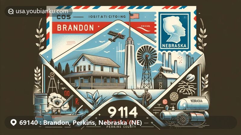 Modern illustration of Brandon, Perkins County, Nebraska, showcasing airmail envelope design with Perkins County Historical Society building, featuring Nebraska's state symbols like the state seal, Sower statue, Chimney Rock, cottonwood tree, and western meadowlark.
