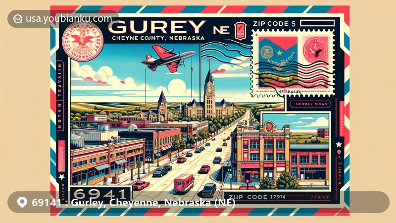 Modern illustration of Gurley, Cheyenne County, Nebraska, capturing downtown scenery and lush landscapes, presented in an airmail envelope style with Nebraska state flag, postal stamp, and red mailbox.