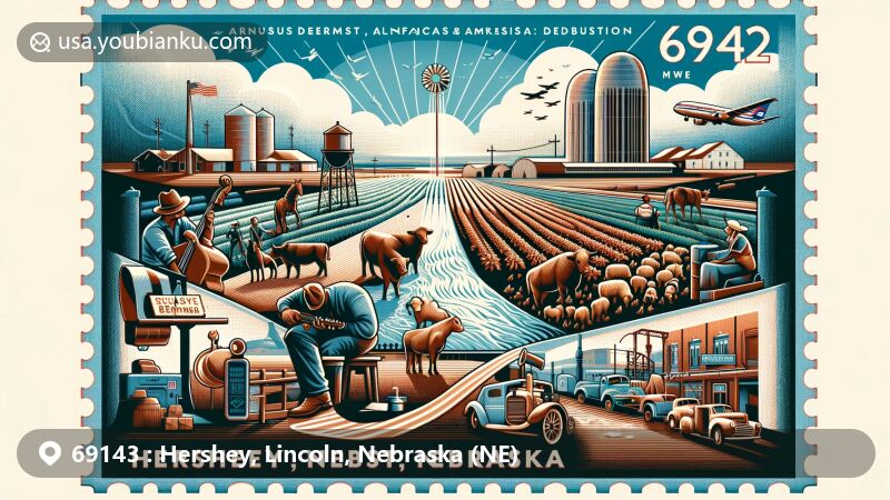 Modern illustration of Hershey, Lincoln County, Nebraska, centred around ZIP code 69143, showcasing agricultural landscape with livestock, alfalfa, and sugar beet production, highlighting contributions of diverse immigrant communities like Russian Germans, Japanese, and Mexicans, with emphasis on the sugar beet industry and Hershey Veterans Memorial.