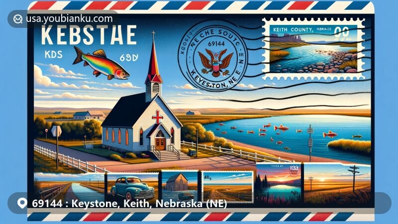 Modern illustration of Keystone, Keith County, Nebraska, highlighting postal theme with ZIP code 69144, featuring the Little Church of Keystone and Lake Ogallala, embodying community unity and natural beauty.