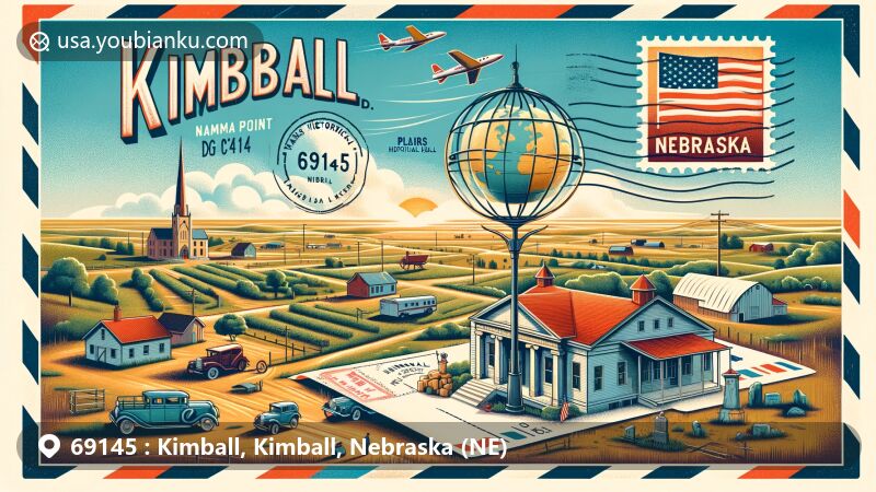 Creative illustration of Kimball, Nebraska, showcasing ZIP code 69145 in postcard theme with landmark representations and Nebraska state flag.