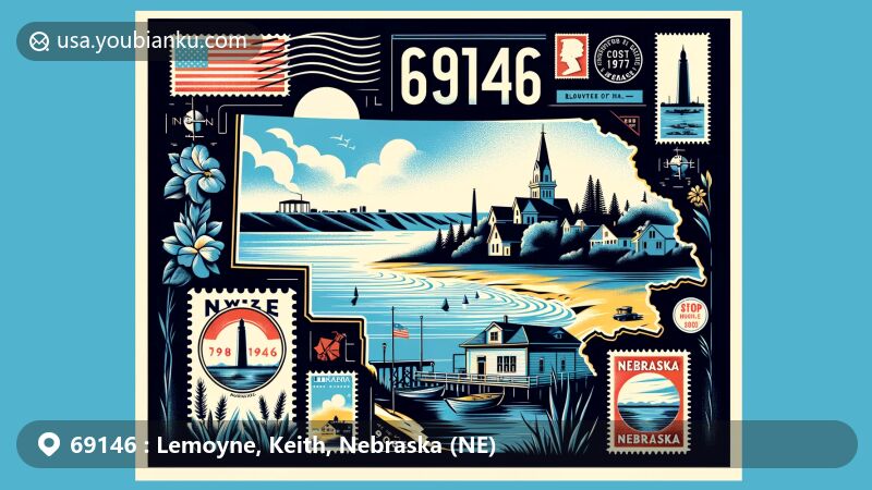 Modern illustration of Lemoyne, Nebraska, focusing on ZIP code area 69146 and Lake McConaughy's beauty, featuring historical and natural elements.