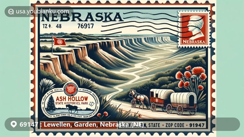 Modern illustration of Ash Hollow State Historical Park in Lewellen, Garden County, Nebraska, highlighting its historic significance on the Oregon and California trails, showcasing natural beauty with wagon ruts on bluffs, featuring Nebraska state flag and Garden County outline.