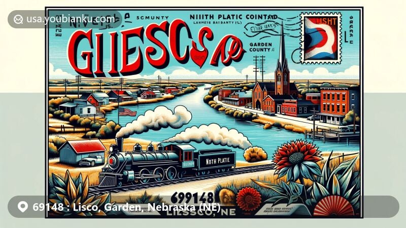 Modern illustration of Lisco, Nebraska, in Garden County, highlighting ZIP code 69148, featuring North Platte River, Union Pacific Railroad, and Nebraska state flag.
