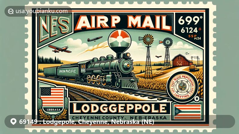 Modern illustration of Lodgepole, Cheyenne County, Nebraska, featuring air mail envelope with Union Pacific Railroad, Nebraska landscape, and state symbols.