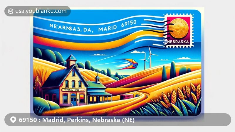 Modern illustration of Madrid, Nebraska, showcasing rural landscape with rolling hills and wide-open skies, featuring a creatively designed envelope with ZIP code 69150 and Nebraska state flag stamp, including Madrid General Store as a local landmark.