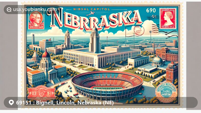 Modern illustration of Bignell, Lincoln, and Nebraska, featuring Nebraska State Capitol, Memorial Stadium, and postal symbols, with vintage postage stamps and ZIP code 69151.