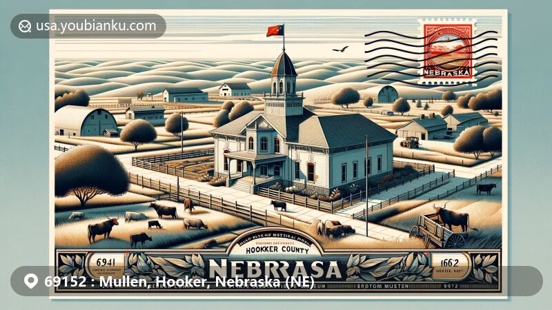 Modern illustration of Mullen, Nebraska, featuring Hooker County Historical Museum, agricultural life, and Sandhills landscape, with Nebraska state flag in the background and postal elements.