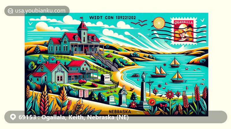 Modern illustration of Ogallala, Keith, Nebraska, highlighting postal theme with ZIP code 69153, featuring Mansion on the Hill, Lake McConaughy, and Boot Hill.
