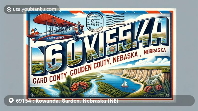 Modern illustration of Kowanda, Garden County, Nebraska postal theme with ZIP code 69154, featuring natural landscapes and iconic landmarks.