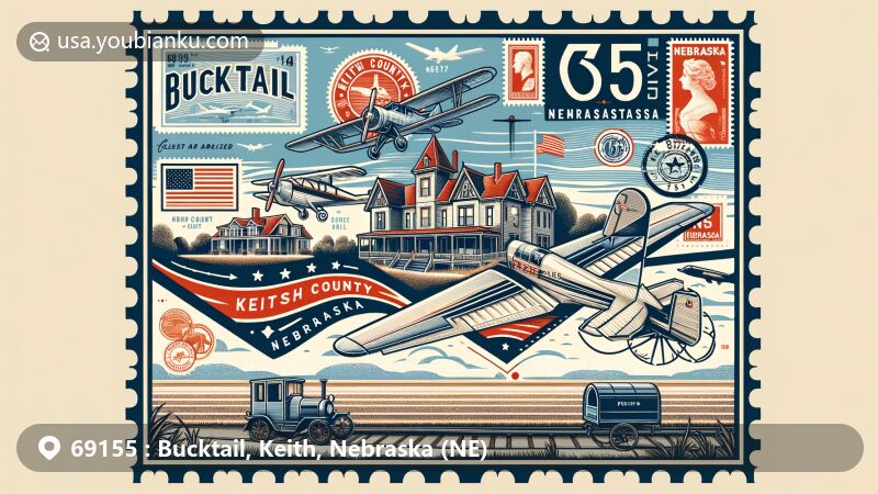Modern illustration of Bucktail, Keith County, Nebraska, featuring aviation-themed envelope with postage stamps and postal mark, showcasing ZIP Code 69155, incorporating Nebraska state symbols and landmarks like the Mansion on the Hill and Lake McConaughy.