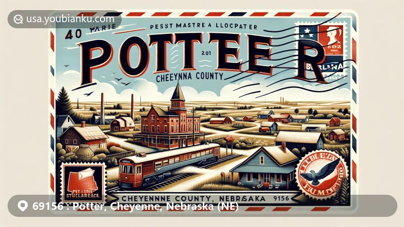 Modern illustration of Potter, Cheyenne County, Nebraska, showcasing postal theme with ZIP code 69156, featuring Potter Sundry and elements of agricultural heritage, railroad connections, and rural ambiance.