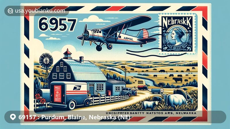 Modern illustration of Purdum, Blaine, Nebraska (NE) with postal theme showcasing vintage airmail envelope featuring local landscapes, livestock ranches, and quaint post office, highlighting ZIP code 69157 and stylized Nebraska state flag stamp, integrating iconic Purdum State Bank, capturing rural charm and postal imagery including mail vehicles or mailboxes.