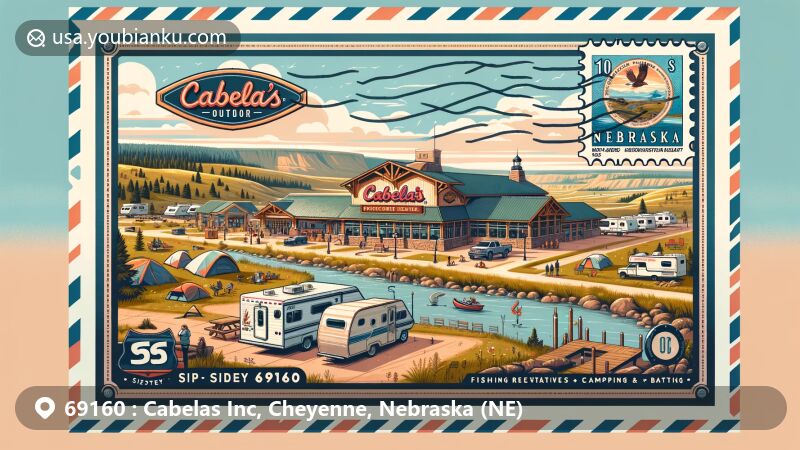 Modern illustration of Sidney, Nebraska, highlighting the famous Cabela's outdoor store and RV park, featuring outdoor adventure theme with camping and recreational symbols, framed by vintage airmail envelope with ZIP code 69160.