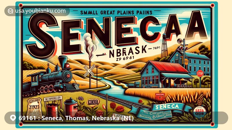 Modern illustration of Seneca, Thomas County, Nebraska, showcasing postal theme with ZIP code 69161, featuring Chicago, Burlington, and Quincy Railroad symbols, vintage railway cafe, and historic railroad crossing sign.