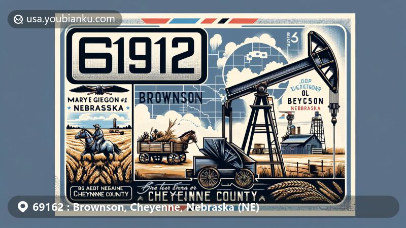 Modern illustration of Brownson, Cheyenne County, Nebraska, highlighting postal theme with ZIP code 69162, featuring historic Mary Egging #1 oil well and agricultural imagery of farmers unloading wheat. Includes map silhouette of Nebraska highlighting Cheyenne County's location.