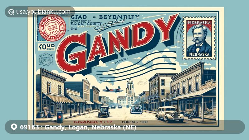 Modern illustration of Gandy, Nebraska, Logan County, showcasing postal theme with ZIP code 16063, featuring historical downtown scene and vintage postcard design with Nebraska State Capitol stamp.