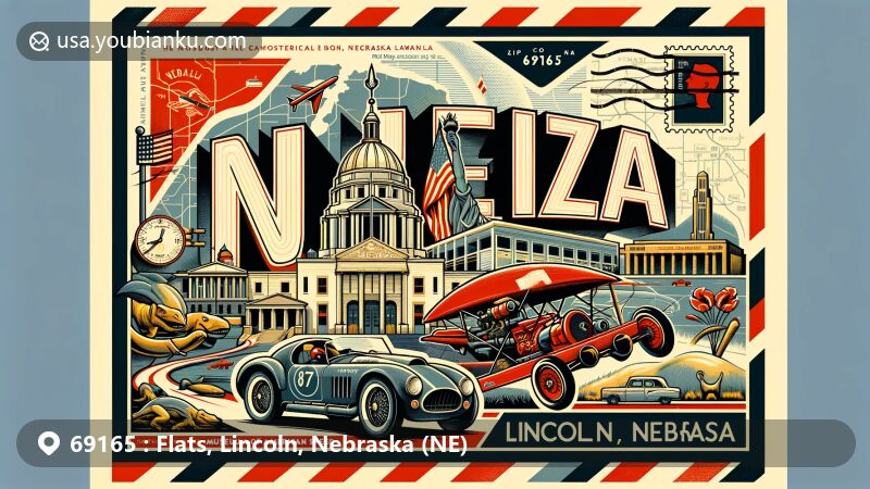 Creative illustration of Flats, Lincoln County, Nebraska, with postal code 69165, showcasing Nebraska State Capitol, Museum of American Speed, and University of Nebraska State Museum.
