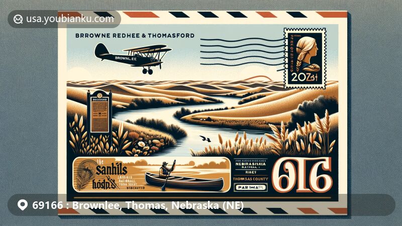 Modern illustration of Brownlee and Thedford areas in Thomas County, Nebraska with postal theme showcasing Sandhills region, canoe on river, historical marker like Little Girls Lost, and Nebraska National Forest. Features vintage postage stamp with NE state outline, 69166 zip code highlight, and postal stamp '69166, Brownlee, Thedford, NE'. Bright colors suitable for web background, conveying natural beauty and postal heritage of the area.