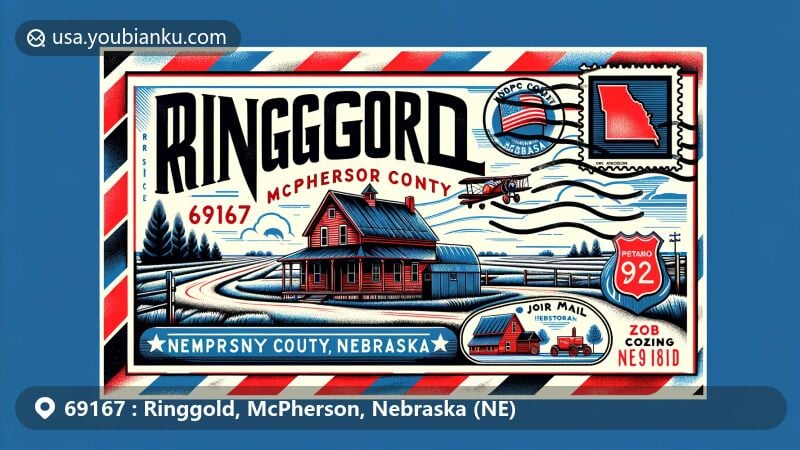 Modern illustration of Ringgold, McPherson County, Nebraska, featuring a creative air mail envelope design with local heritage elements and the symbolic Nebraska Highway 92, showcasing the state flag on a postage stamp.