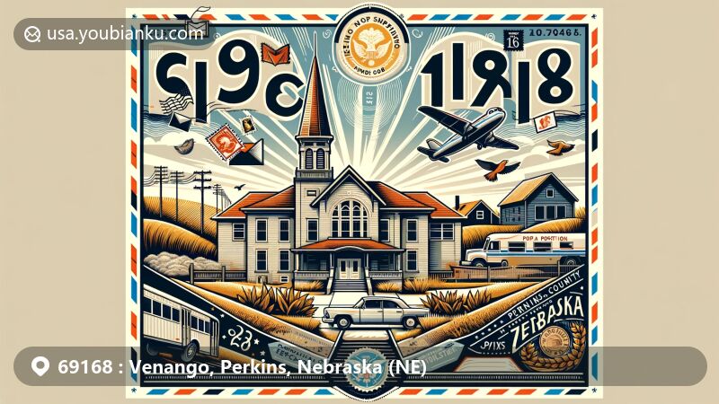 Modern illustration of Venango, Perkins County, Nebraska, showcasing postal theme with ZIP code 69168, featuring Venango Public School and regional rural landscape elements.