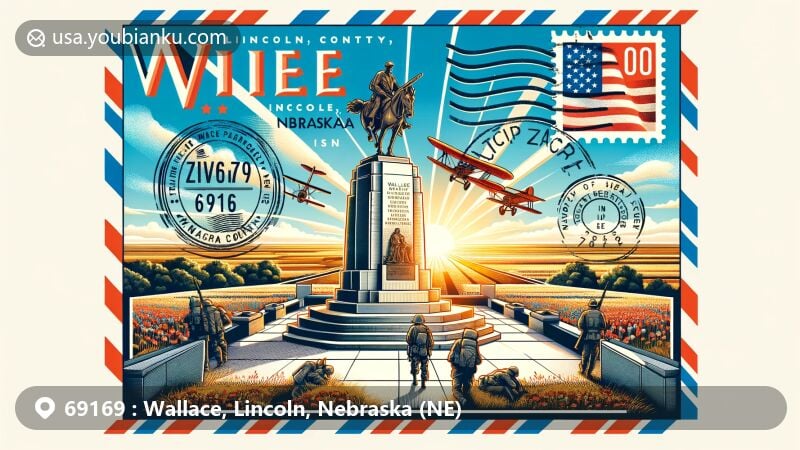 Modern illustration of Wallace, Lincoln County, Nebraska (NE), showcasing postal theme with ZIP code 69169, featuring Wallace Veterans Memorial and Nebraska plains.