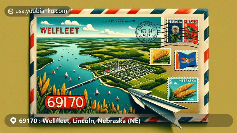 Modern illustration of Wellfleet, Lincoln County, Nebraska, featuring Wellfleet Lake and verdant landscapes, with vintage airmail envelope revealing postcard of village, Nebraska state flag, and postage stamps with state symbols.