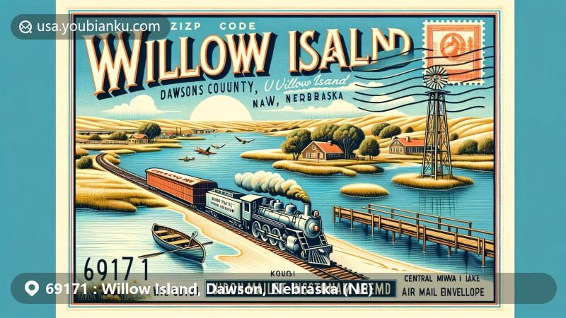 Modern illustration of Willow Island, Dawson County, Nebraska, featuring Union Pacific Railroad, Willow Island State Wildlife Management Area, and Central Midway Lake, with a vintage postcard or airmail envelope theme showcasing postal elements like 'Willow Island, NE 69171'.