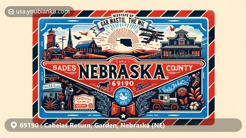 Modern illustration of Garden County, Nebraska, showcasing postal theme with ZIP code 69190, featuring Cabela's storefront, Garden County silhouette, and symbols of Nebraska's outdoor life.