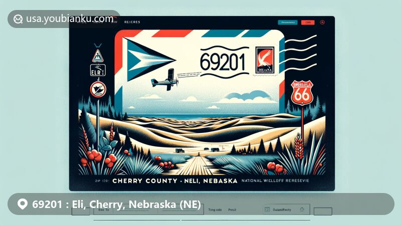 Modern illustration of Eli in Cherry County, Nebraska, featuring airmail envelope with ZIP Code 69201, showcasing sand dunes, Fort Niobrara, Valentine National Wildlife Refuge, Nebraska state flag, and Cherry County symbol.