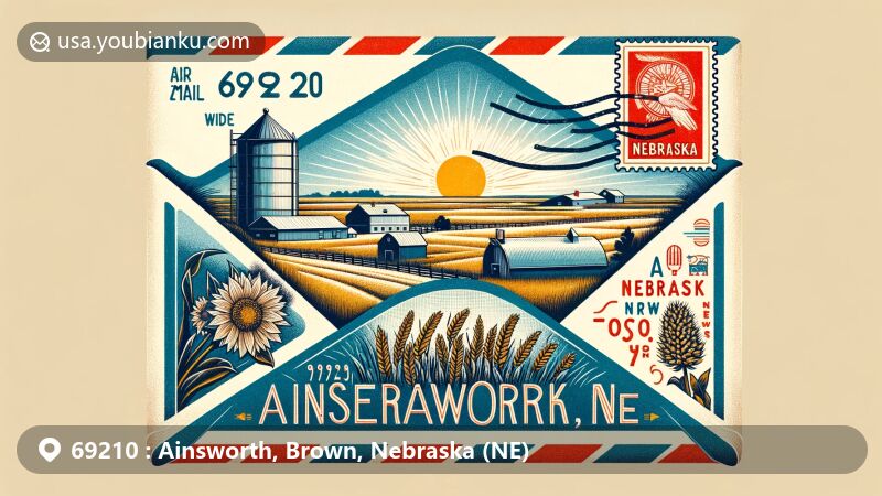 Modern illustration of Ainsworth, Brown County, Nebraska, featuring vintage-style air mail envelope with Nebraska state flag stamp, showcasing agricultural character and vast plains landscape, incorporating icons symbolizing local climate characteristics.