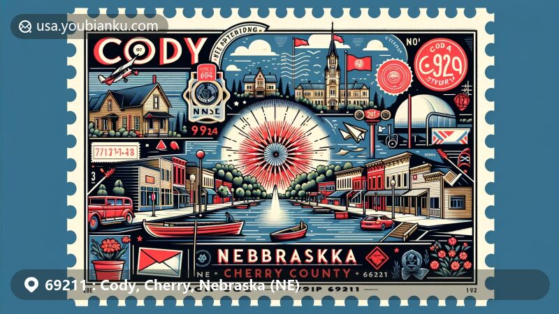 Modern illustration of Cody, Nebraska, showcasing postal theme with ZIP code 69211, featuring downtown Cody, Cody Lake, and Nebraska state flag.