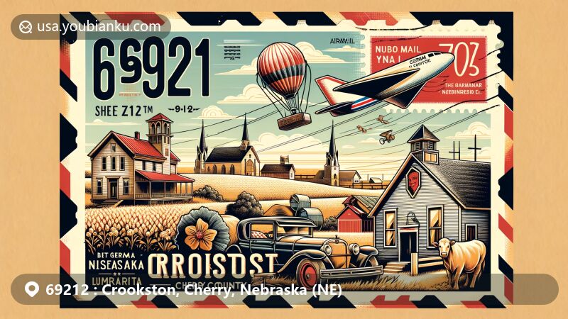 Modern illustration of Crookston, Cherry County, Nebraska, showcasing historical and geographical features, including vintage-inspired references to its semi-ghost town status and gateway to the Great Rosebud Reservation.