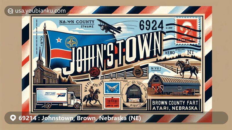 Modern illustration of Johnstown, Brown County, Nebraska, with vintage postcard theme and symbols like Nebraska state flag and rodeo scene, showcasing rural landscape and postal elements.