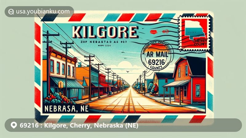 Modern illustration of Kilgore, Cherry County, Nebraska, featuring main street with serene town buildings, capturing tranquility and charm, integrated with subtle outline of Cherry County. Postal postcard design mimics air mail envelope style with vintage stamp of Nebraska state flag.
